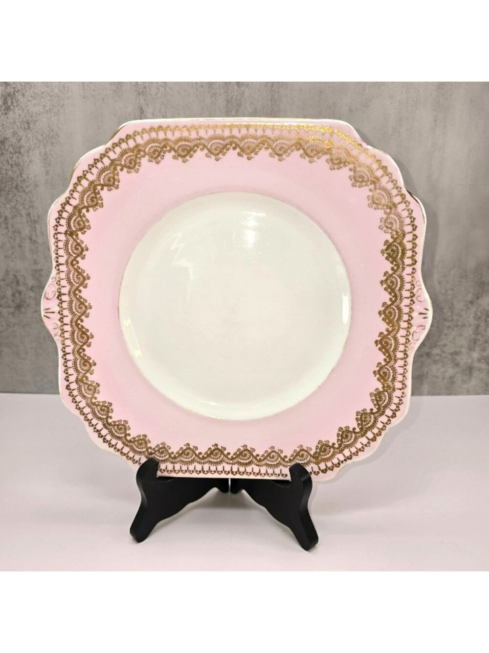 Gladstone Square Plate Vintage Pink & Gold Bone China Scalloped England VL5118